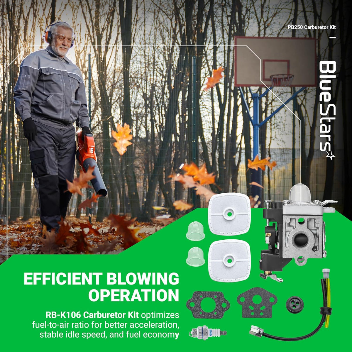 RB-K106 carburetor tune-up kit for Echo PB250 leaf blowers including carburetor, air filters, and fuel line components.