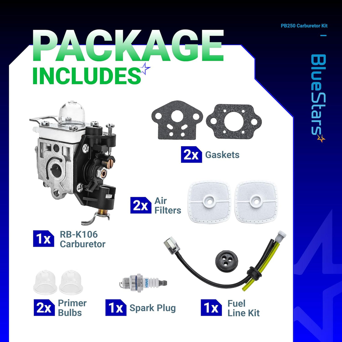 RB-K106 carburetor tune-up kit for Echo PB250 leaf blower including carburetor, gaskets, air filters, and fuel line kit.