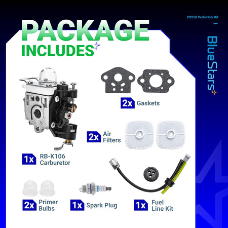 RB-K106 carburetor tune-up kit for Echo PB250 leaf blower including carburetor, gaskets, air filters, and fuel line kit.