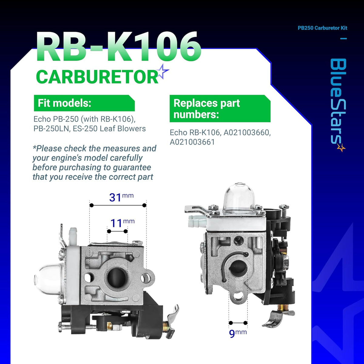 RB-K106 carburetor for Echo PB-250 leaf blower showing dimensions and fitment specifications.