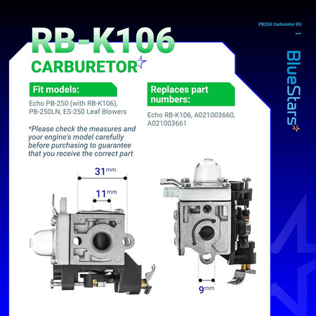 RB-K106 carburetor for Echo PB-250 leaf blower showing dimensions and fitment specifications.