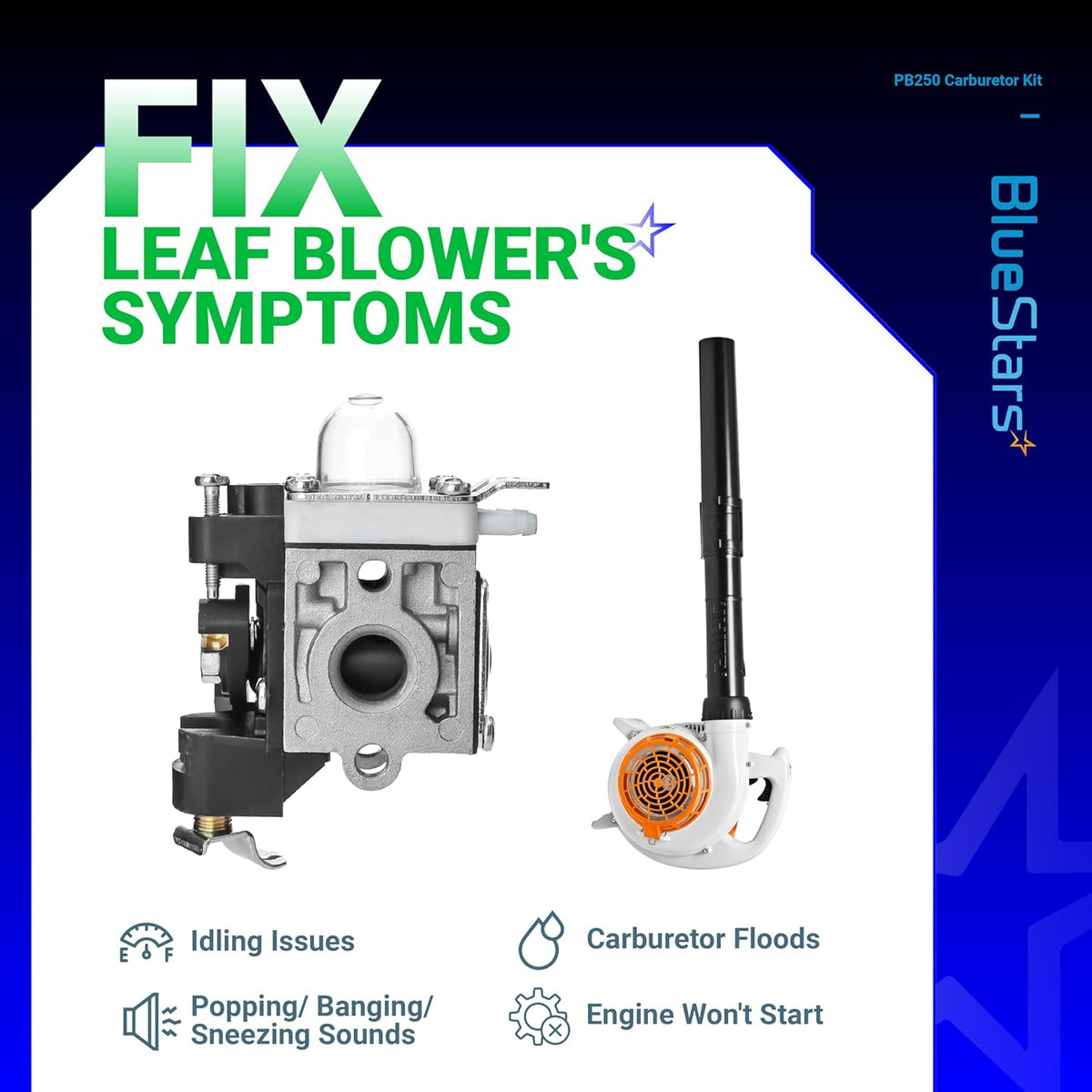 Replacement carburetor for Echo PB250 leaf blower showing common engine repair symptoms and solutions.