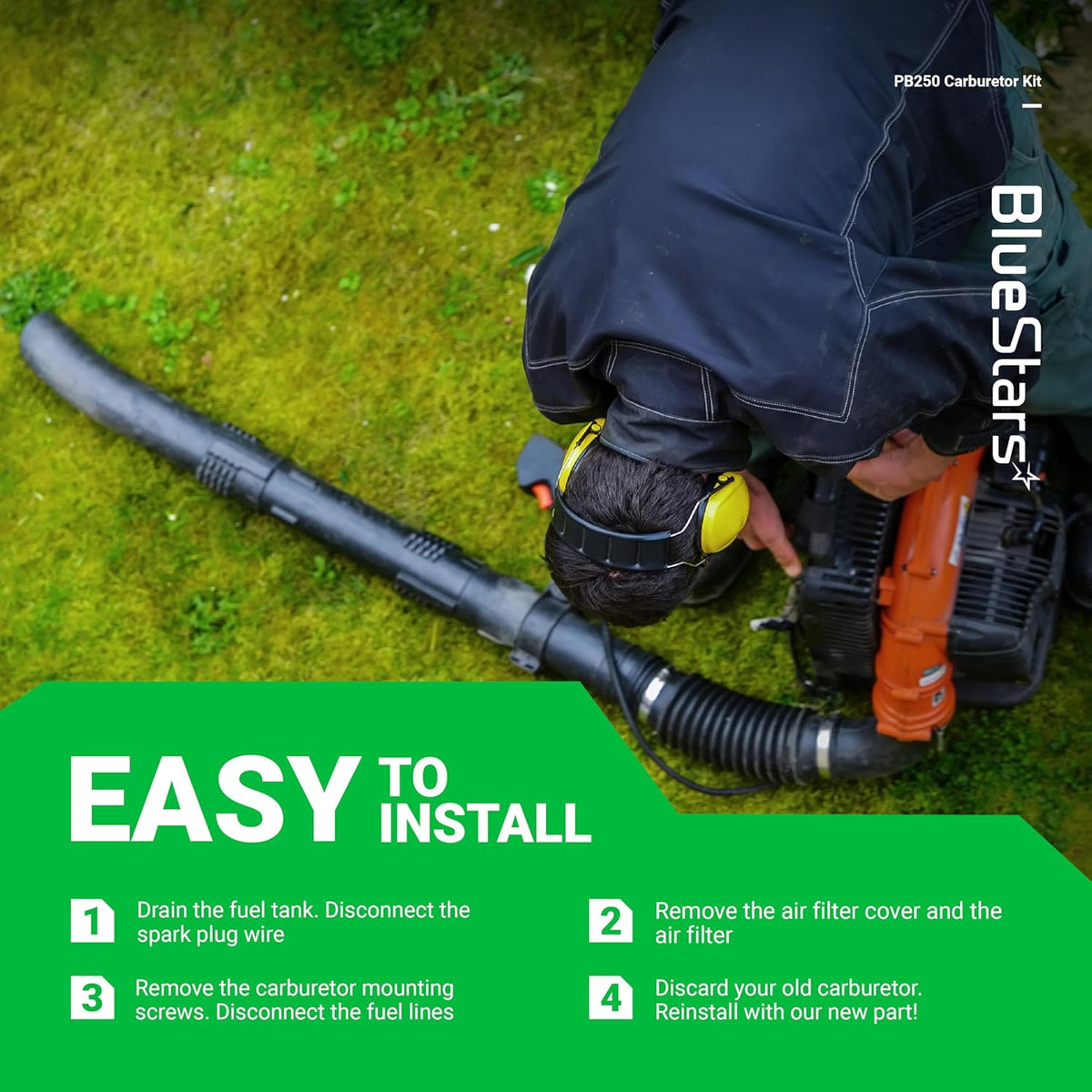 Instructional graphic showing how to install a PB250 carburetor tune-up kit on an Echo leaf blower.