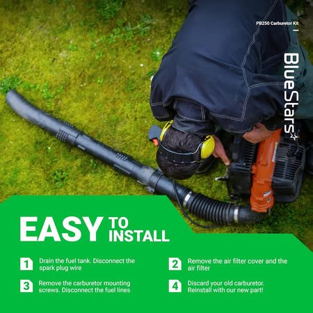 Instructional graphic showing how to install a PB250 carburetor tune-up kit on an Echo leaf blower.