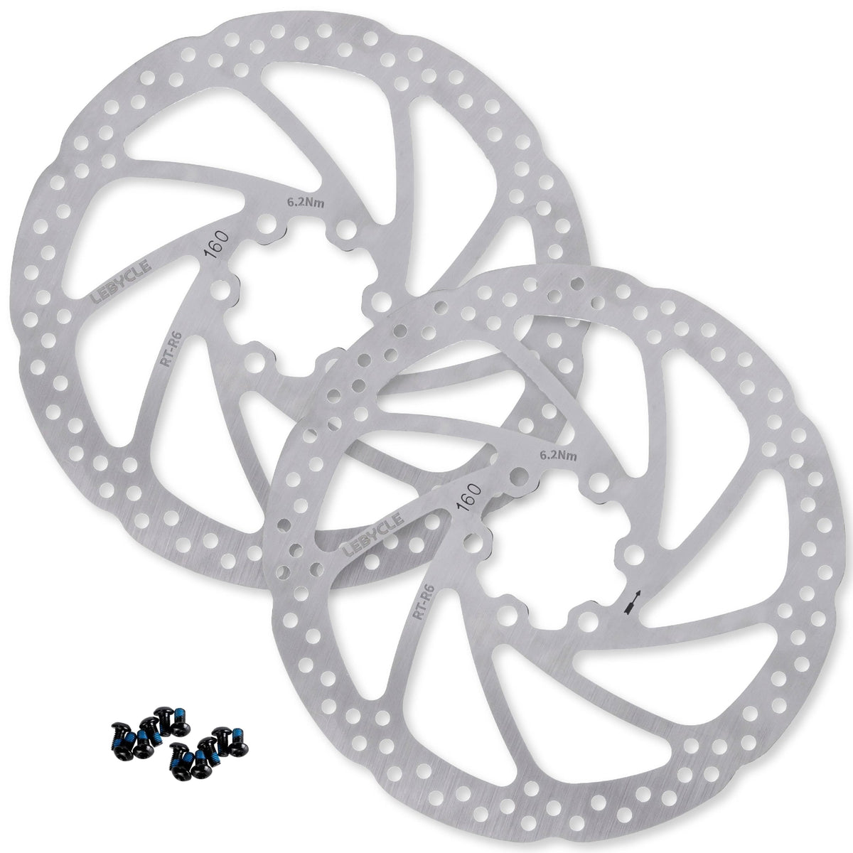 Set of two 160mm stainless steel bike disc brake rotors with mounting bolts for MTB and road bikes.