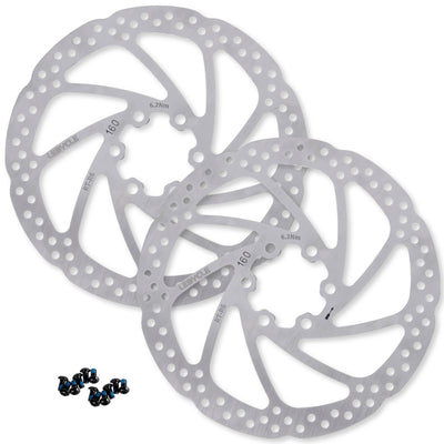 Set of two 160mm stainless steel bike disc brake rotors with mounting bolts for MTB and road bikes.