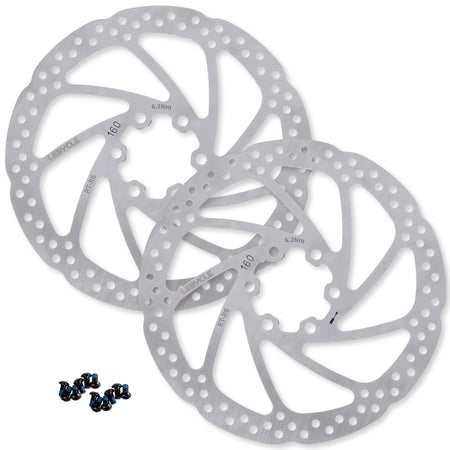 Set of two 160mm stainless steel bike disc brake rotors with mounting bolts for MTB and road bikes.