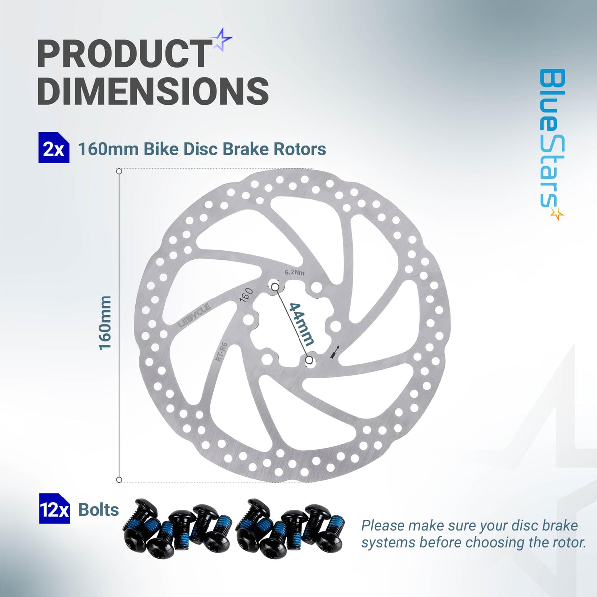 Dimension diagram showing 160mm stainless steel bike disc brake rotor and 12 mounting bolts.