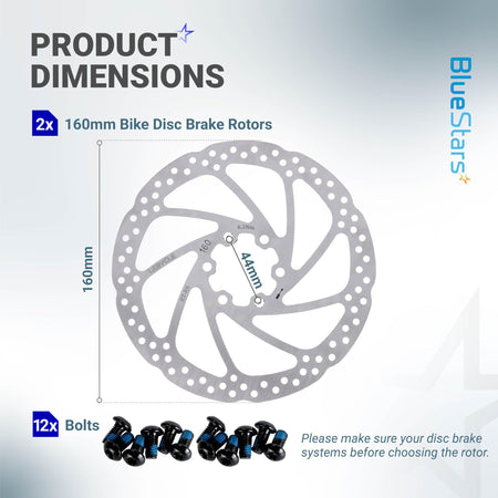 Dimension diagram showing 160mm stainless steel bike disc brake rotor and 12 mounting bolts.