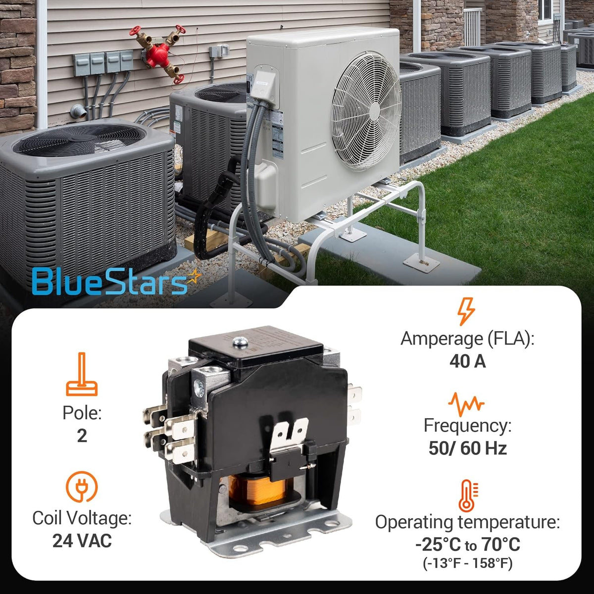 2 pole 40 amp 24VAC contactor for air conditioner and heat pump systems with technical specifications.