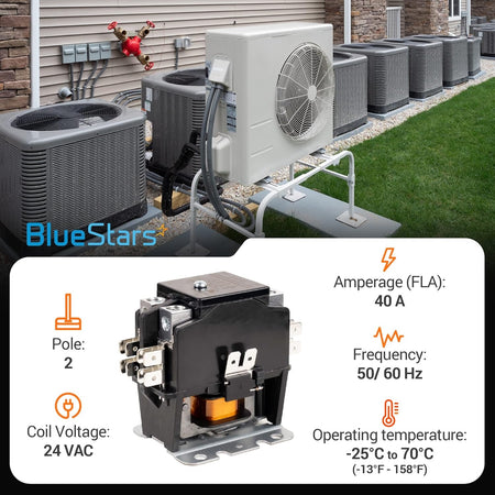 2 pole 40 amp 24VAC contactor for air conditioner and heat pump systems with technical specifications.