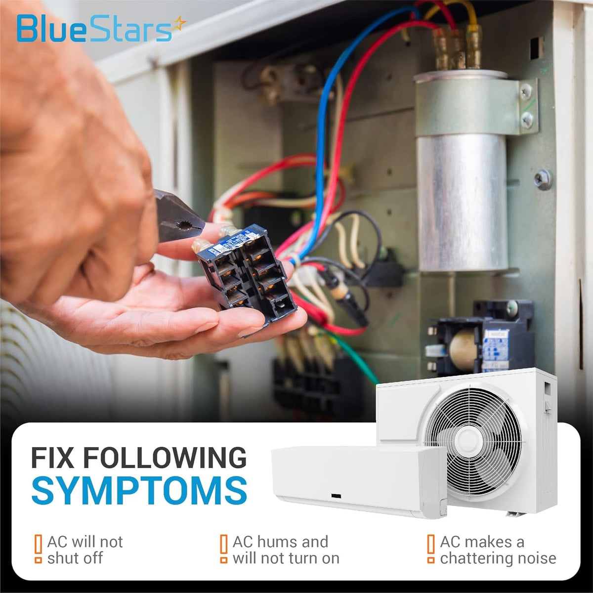 Technician replacing a 40 Amp 2 Pole contactor in an air conditioner unit to fix common cooling system symptoms.