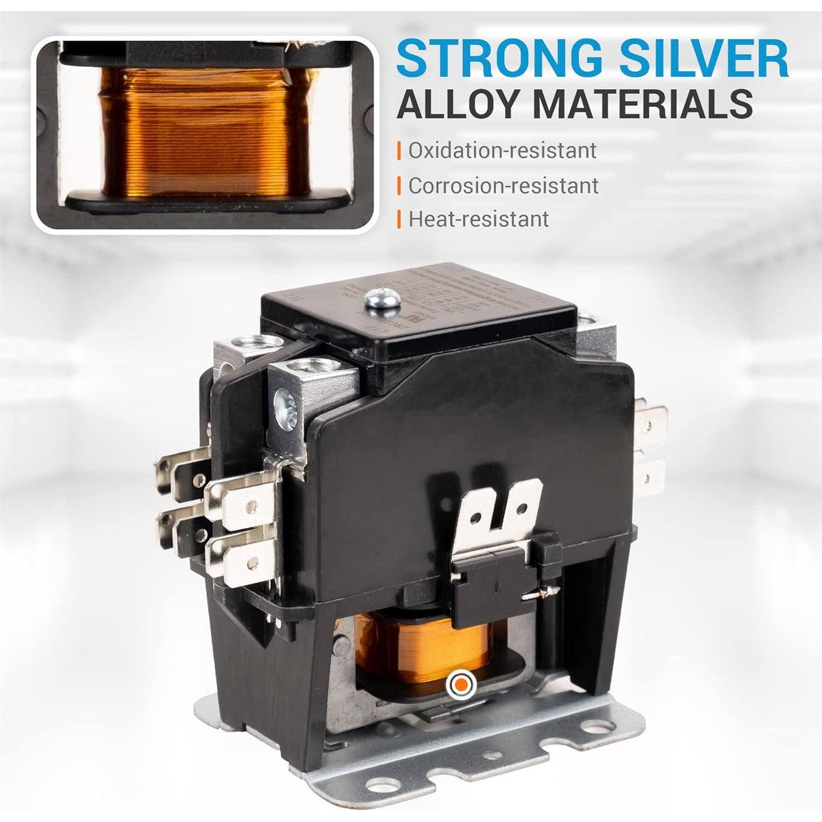 40 Amp 2 Pole contactor with silver alloy coil and heat-resistant construction for HVAC systems.