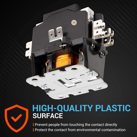Close-up of 40 Amp 2-pole contactor with 24VAC coil and protective high-quality plastic housing.