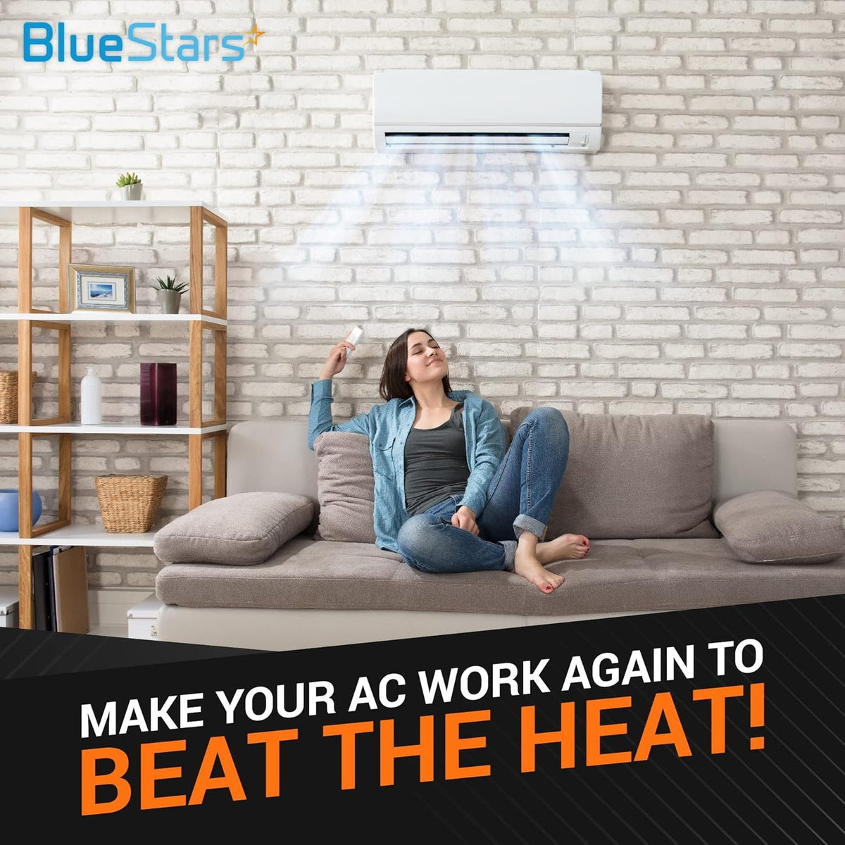 Woman relaxing on a couch under a wall-mounted air conditioner to promote AC repair parts.