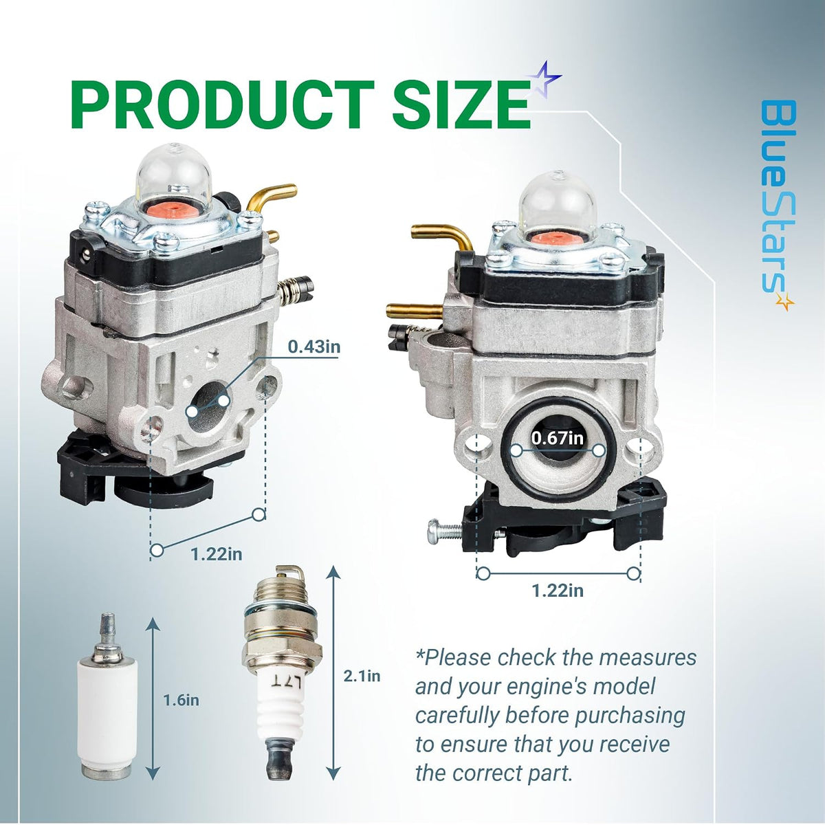 RY25AXB Carburetor Tune-Up Kit product size diagram showing carburetor, spark plugs, and labeled measurements