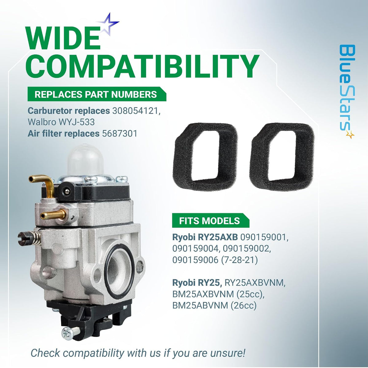 RY25AXB Carburetor Tune-Up Kit compatibility graphic showing carburetor, two gaskets, and fit model text