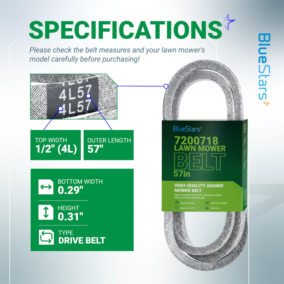 Specification chart for 7200718 mower drive belt showing dimensions, material, and 4L57 size markings.