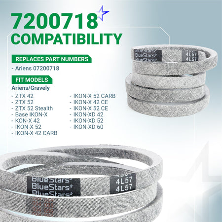 7200718 mower drive V-belt for Ariens ZTX and IKON-XD zero turn mowers with compatibility chart.