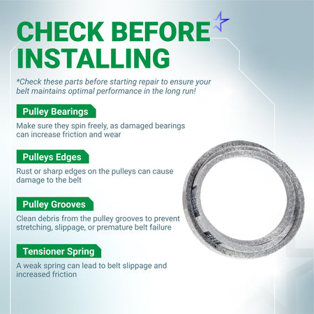 Informational graphic for 7200718 mower drive belt installation tips and maintenance checklist.