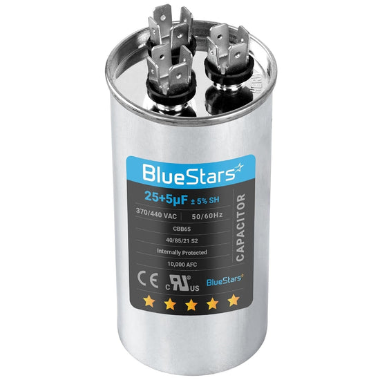 25+5 uF CBB65 dual run round capacitor for air conditioner and heat pump units.