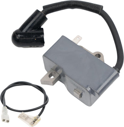 Ignition coil module with spark plug wire and ground lead for Husqvarna and Ryobi handheld blowers.