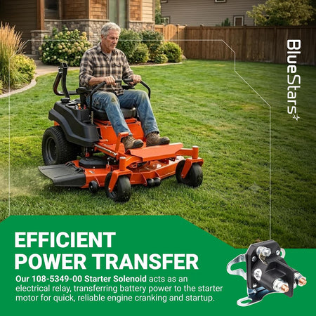 108-5349-00 starter solenoid shown beside a rider on an orange zero-turn mower; efficient power transfer graphic