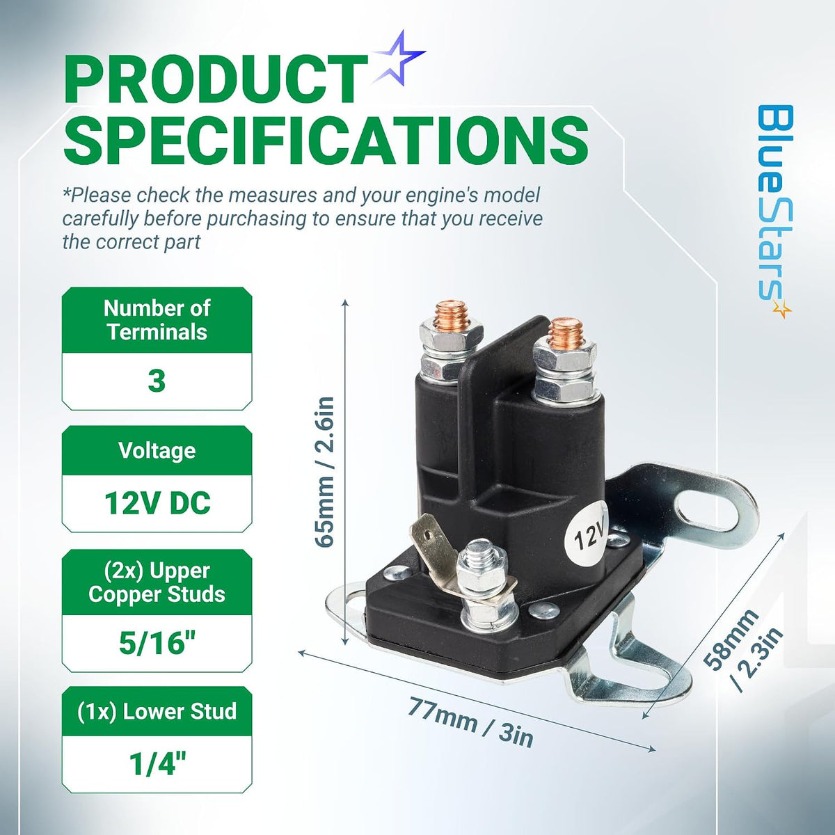108-5349-00 12V 3-terminal starter solenoid, product specifications graphic showing terminals, voltage, studs and dimensions