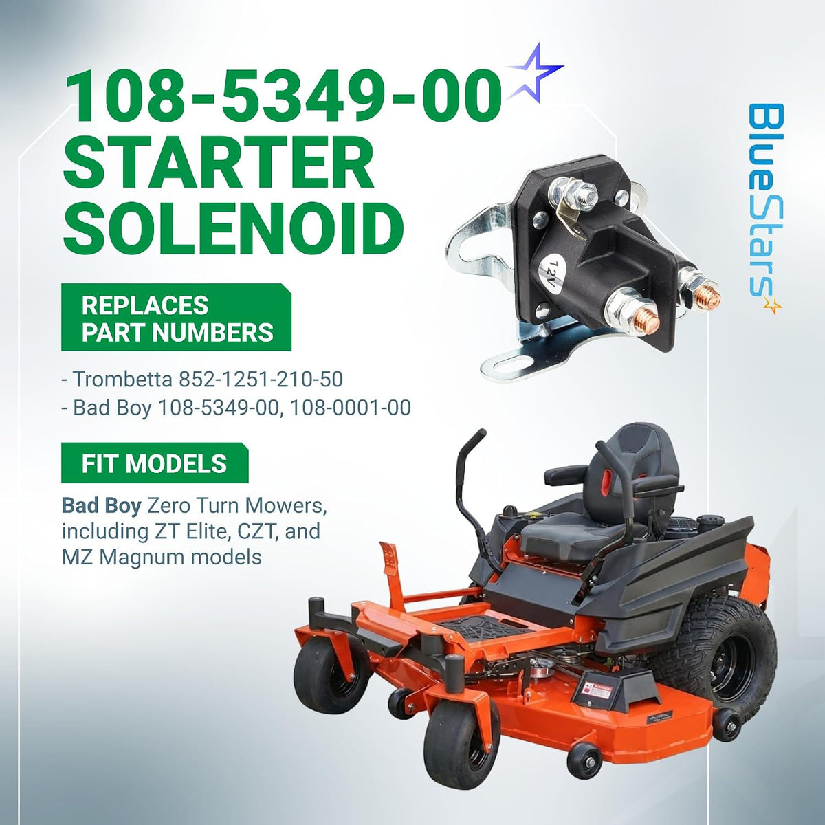 108-5349-00 starter solenoid graphic showing the 3-terminal solenoid and a Bad Boy zero-turn mower