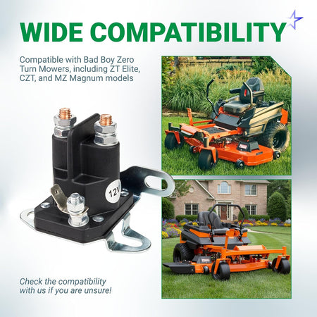 108-5349-00 starter solenoid shown with Bad Boy zero-turn mower compatibility graphic and mower images