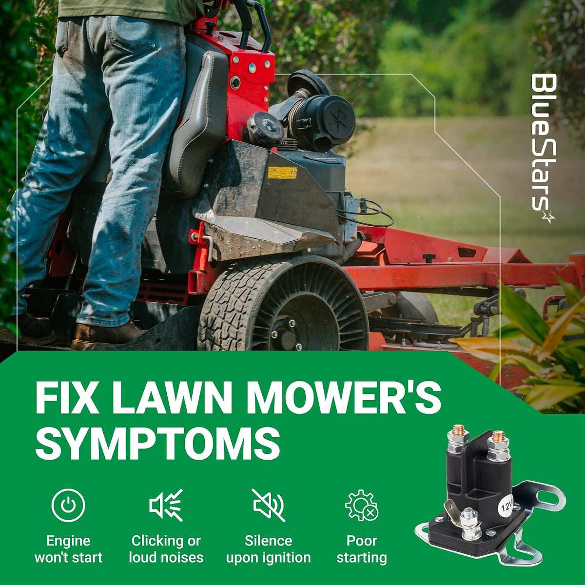108-5349-00 12V 3-terminal starter solenoid graphic over a zero-turn mower, listing common starting symptoms