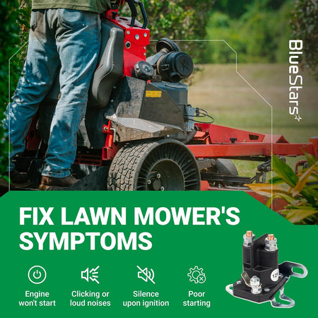 108-5349-00 12V 3-terminal starter solenoid graphic over a zero-turn mower, listing common starting symptoms