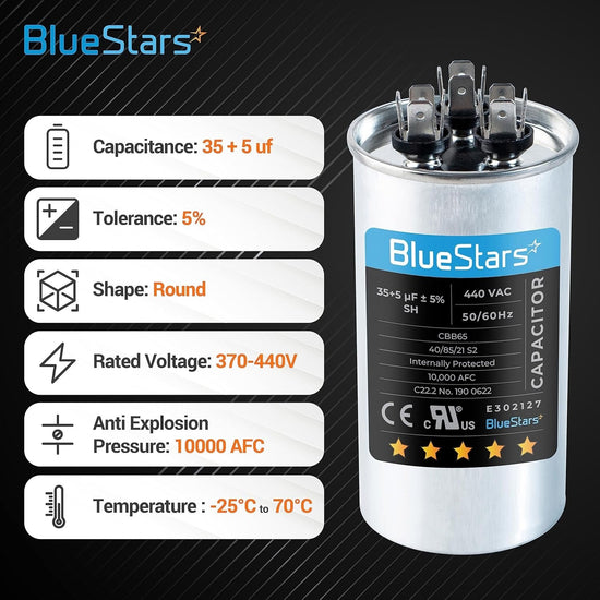 BlueStars 35+5 uF 370/440 VAC round dual run air conditioner capacitor with technical specifications infographic.