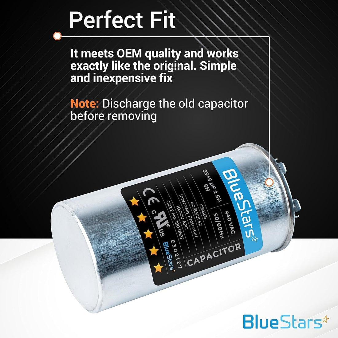 35+5 uF 440 VAC dual run round air conditioner capacitor with technical specifications label and installation note.