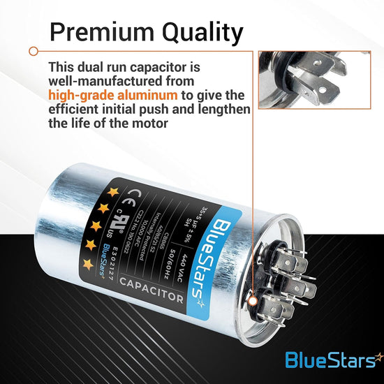 Infographic showing 35+5 uF dual run round air conditioner capacitor with close-up of terminal connectors.