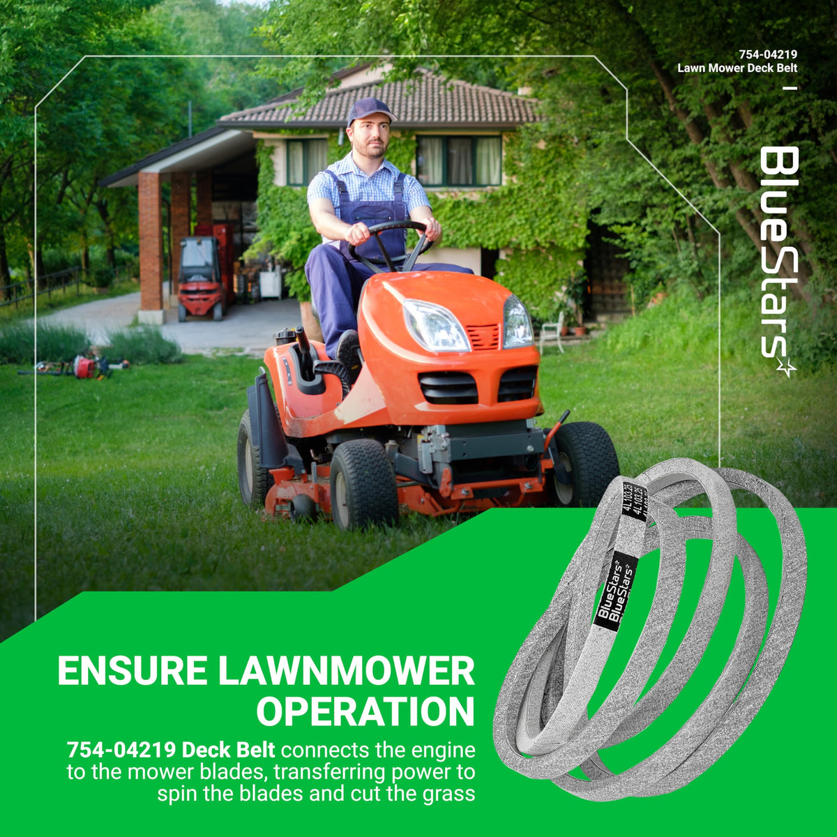 754-04219 mower deck belt for Cub Cadet and Troy-Bilt lawn mowers shown with an operator on a riding mower.