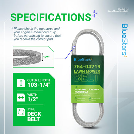 Specification chart for 754-04219 mower deck belt showing 1/2 inch width and 103.25 inch length dimensions.