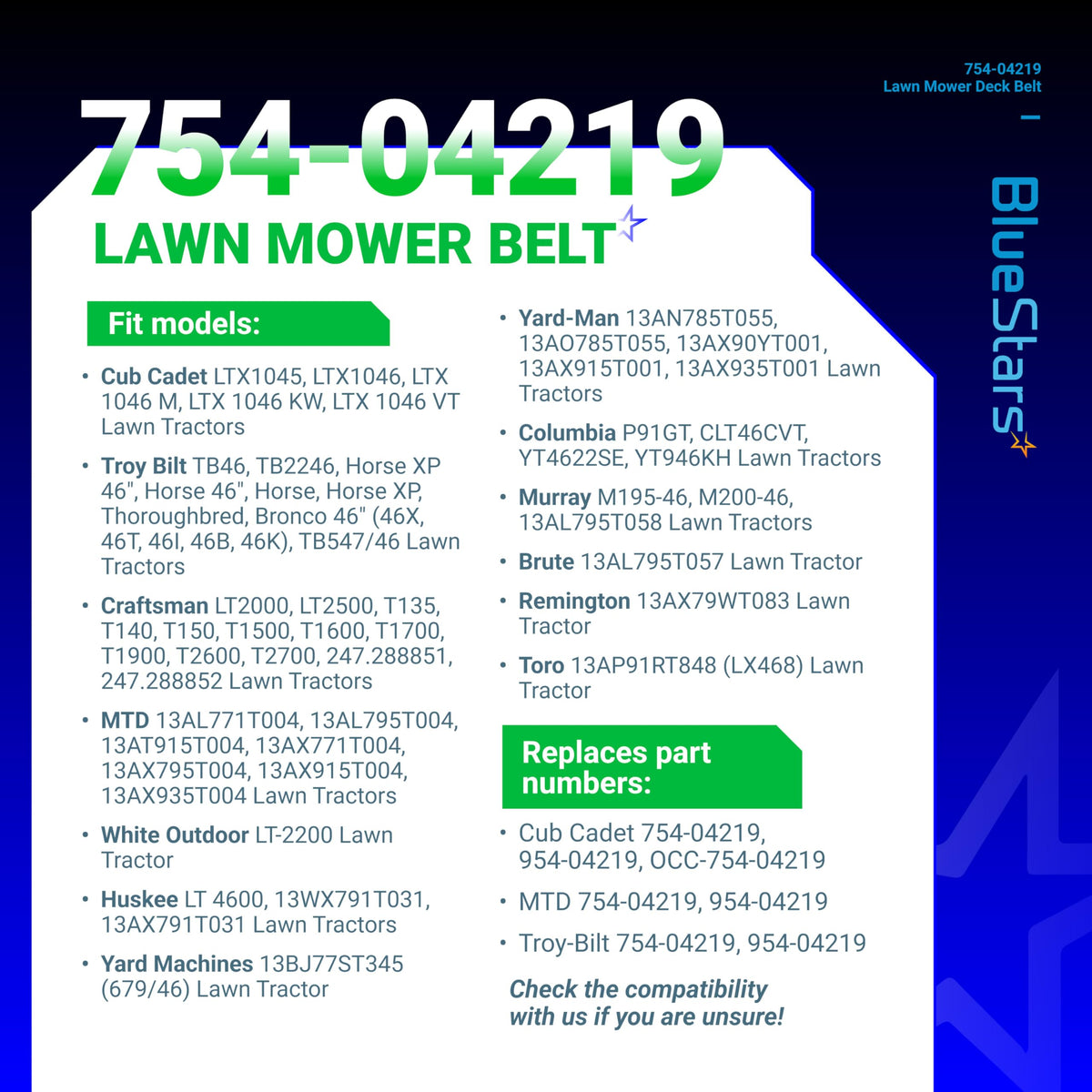 Compatibility chart for 754-04219 mower deck belt listing compatible tractor models and part numbers.