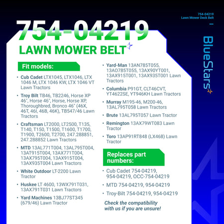 Compatibility chart for 754-04219 mower deck belt listing compatible tractor models and part numbers.