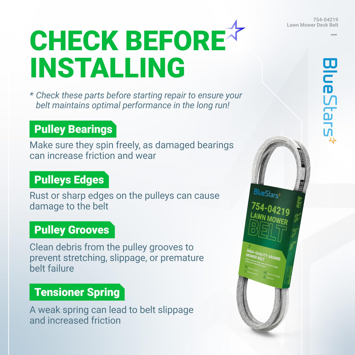 BlueStars 754-04219 mower deck belt installation guide and maintenance checklist for lawn mower repair.