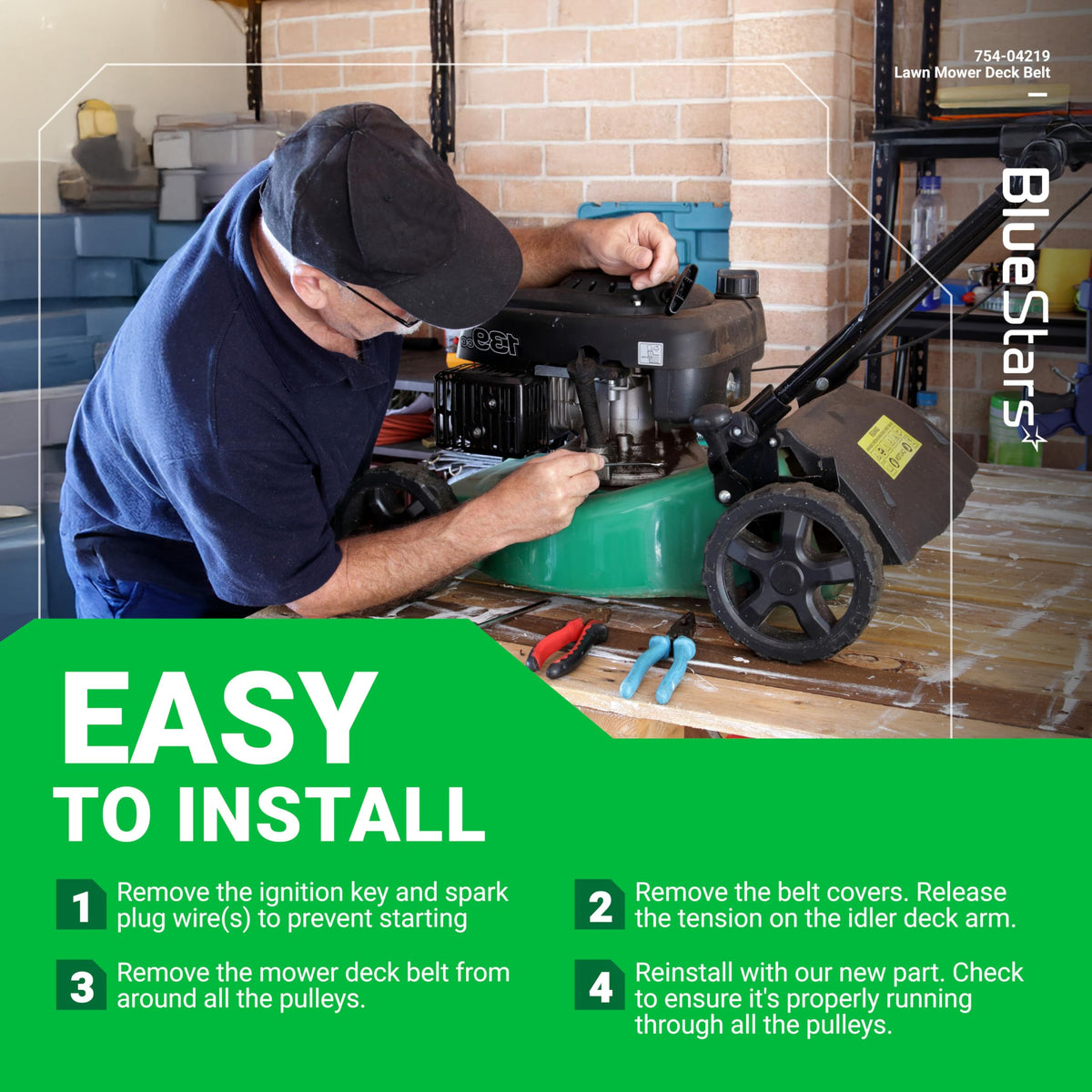 Instructional graphic showing how to install a 754-04219 mower deck belt on a lawn mower.
