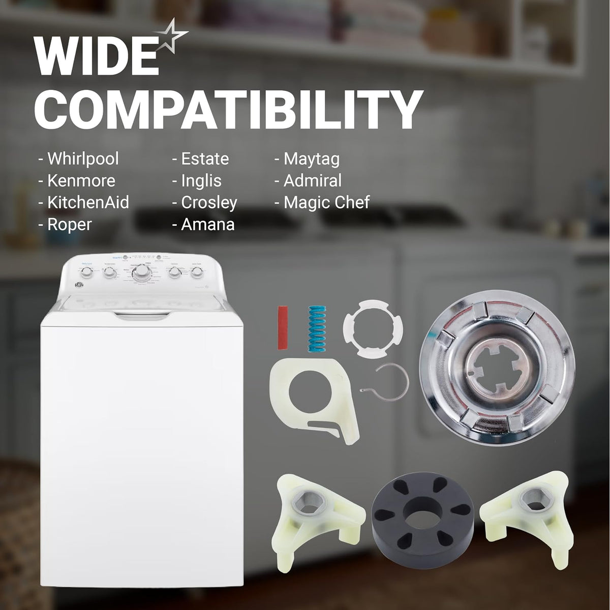 285785 Washer Clutch Assembly Kit & 285753A Motor Coupling, compatibility graphic with washer and included parts