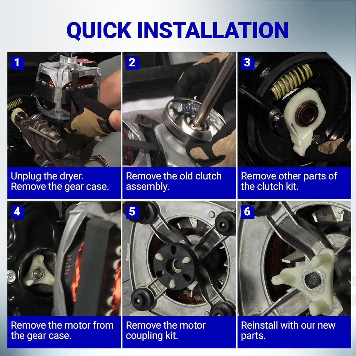 285785 Washer Clutch Assembly Kit & 285753A Motor Coupling, six-step quick installation guide