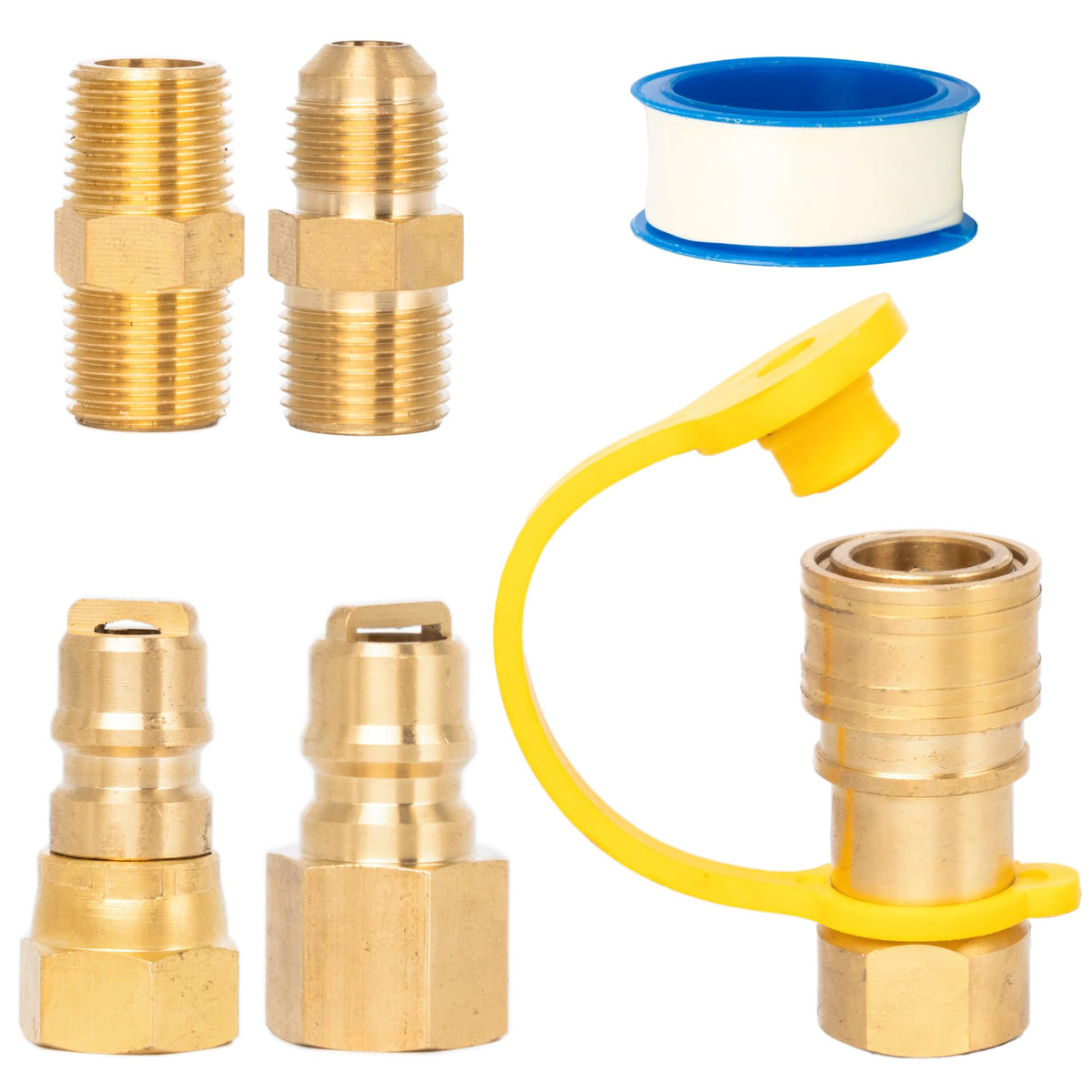 3/8 inch brass natural gas quick connect fitting assembly set with thread seal tape for propane and gas systems.