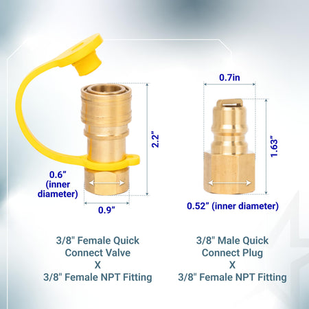 Dimensional diagram of 3/8 inch female quick connect valve and 3/8 inch male quick connect plug with NPT fittings.