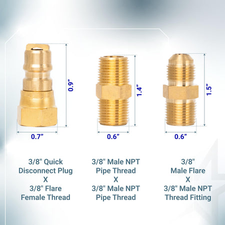 Dimensional diagram showing three brass 3/8 inch pipe and flare fittings with measurements in inches.