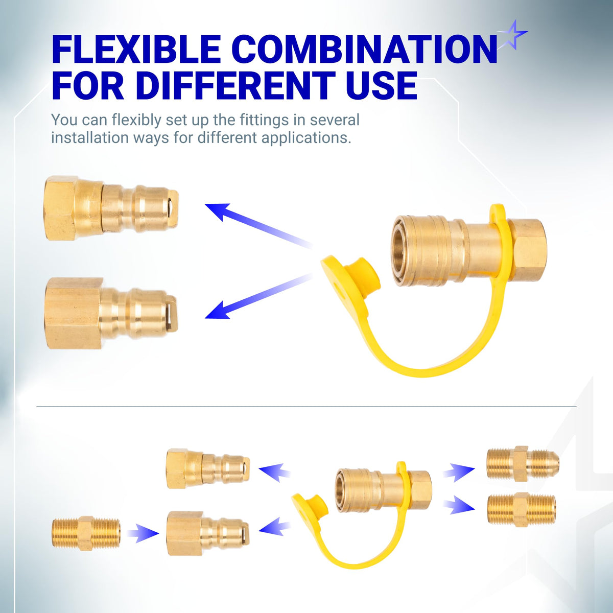 Diagram showing flexible installation combinations for brass quick connect gas hose fittings and adapters.