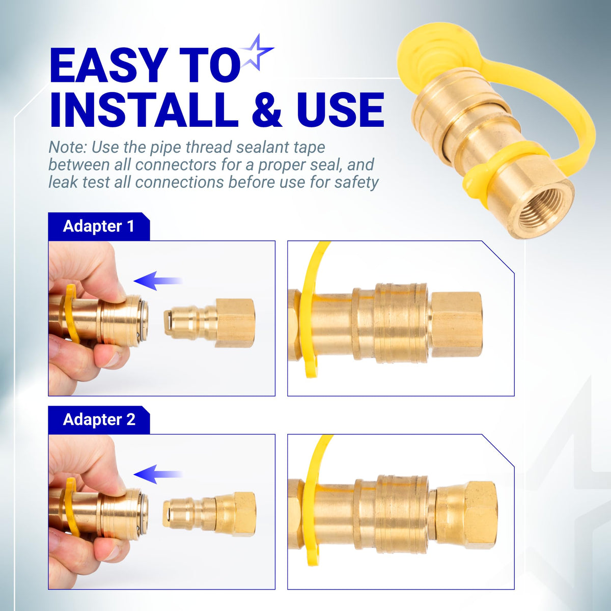 Instructional graphic showing how to connect brass quick-connect adapters with yellow protective dust caps.