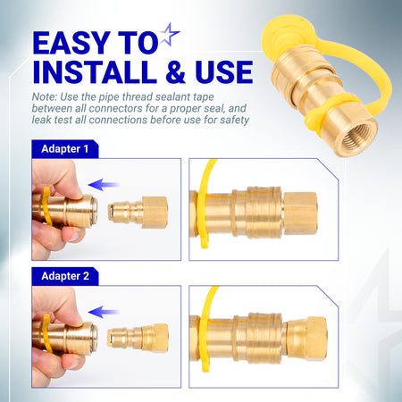 Instructional graphic showing how to connect brass quick-connect adapters with yellow protective dust caps.