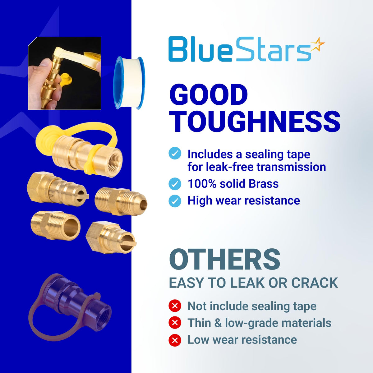 BlueStars solid brass quick connect fittings set with sealing tape for leak-free transmission.